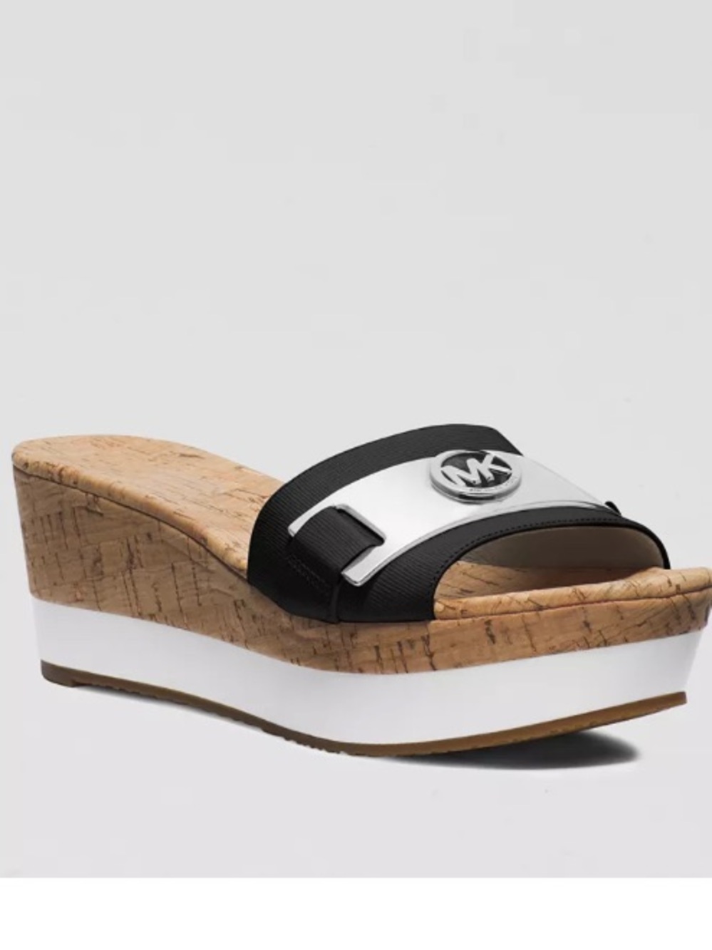 New Michael Kors Black and White Cork Black Leather Platform Wedge Slide